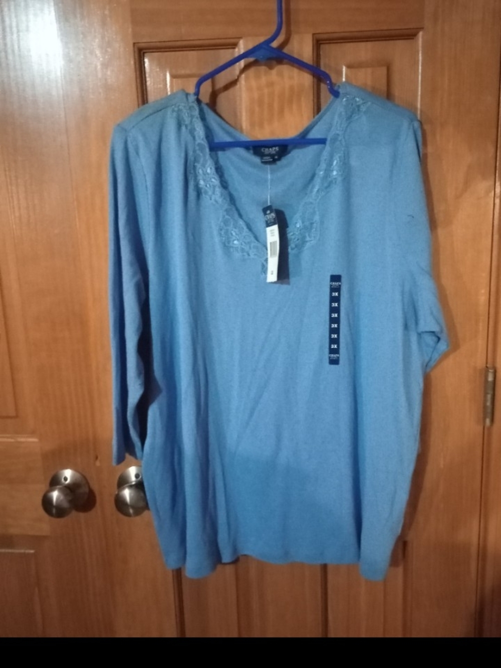 Chaps Women's Light Blue Long Sleeve Top with Lace Trim